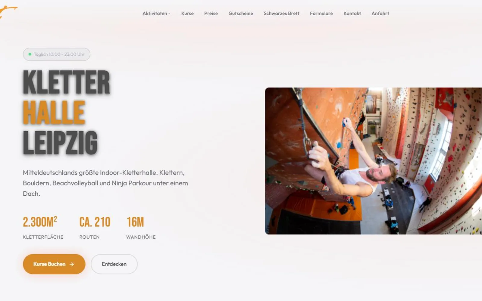 Startseite der Kletterhalle No Limit Leipzig mit Kennzahlen zu Kletterfläche, Routen und Wandhöhe