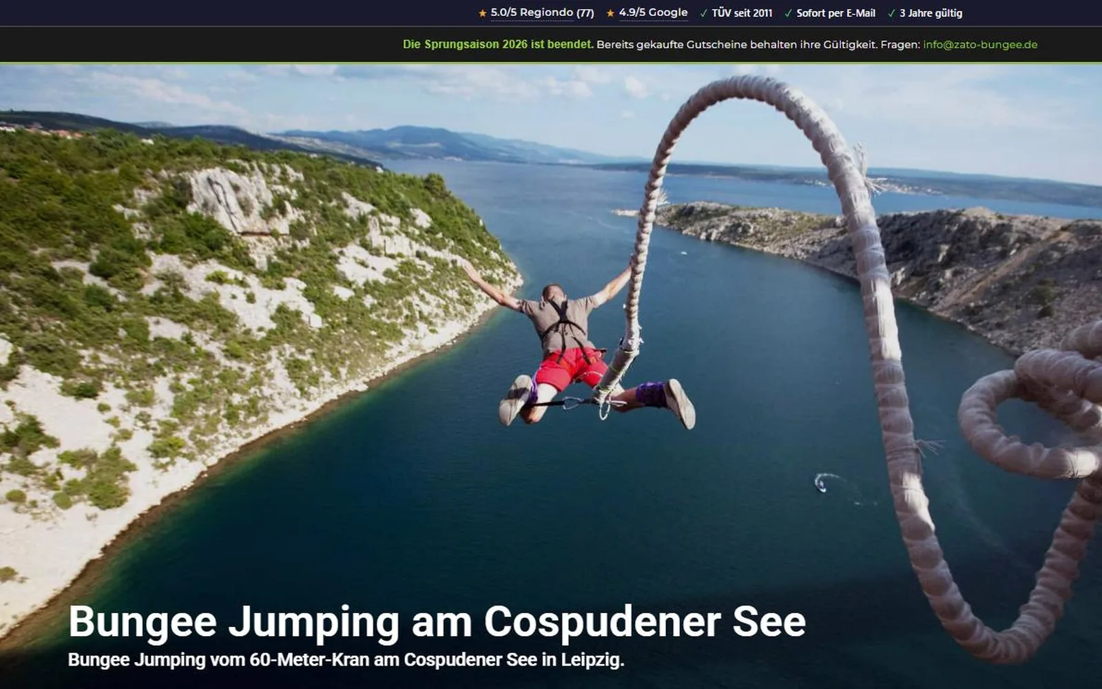 Startseite von ZATO Bungee Jumping mit Sprung vom Kran und Hinweis zur laufenden Saison